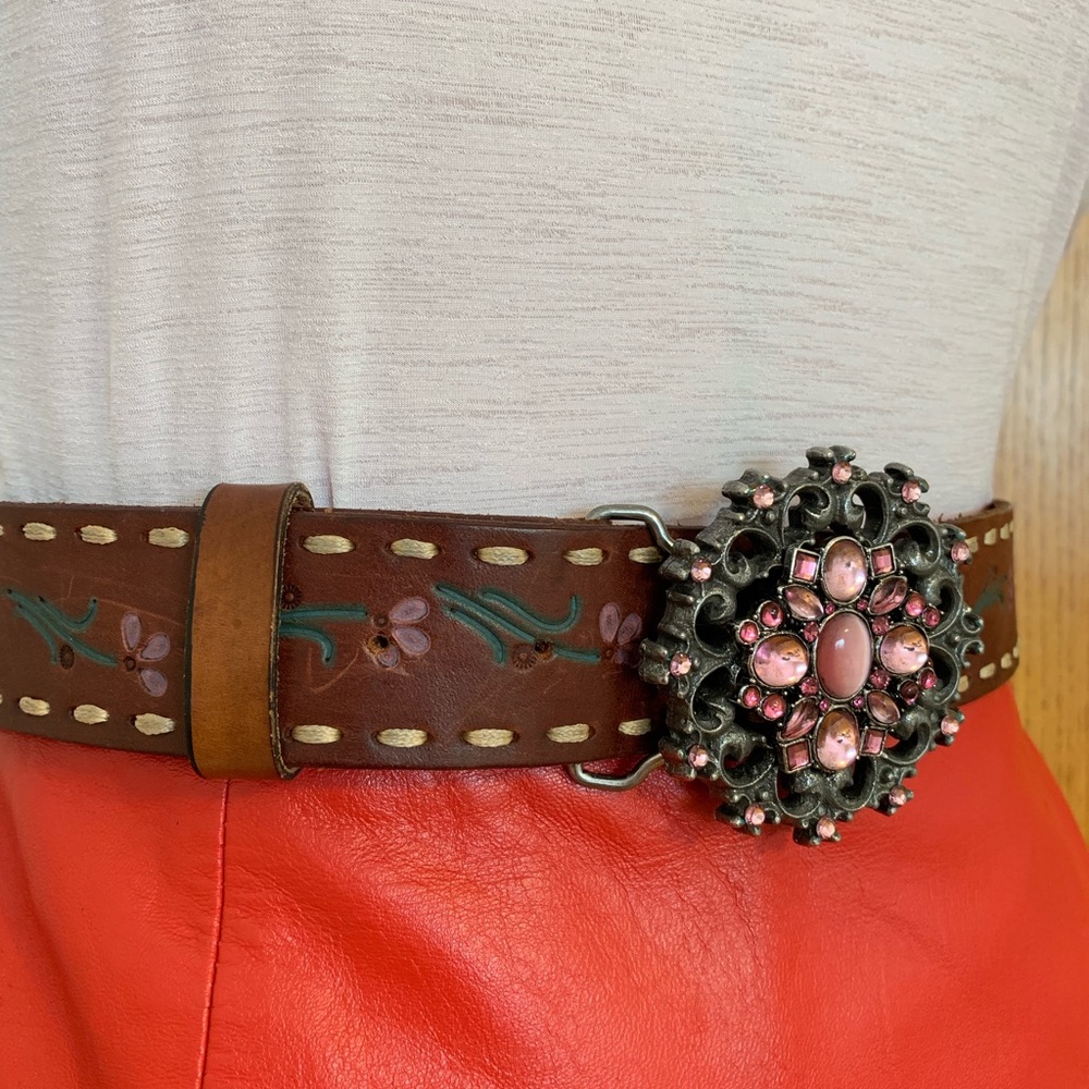 Streets Ahead stamped belt with pink rhinestones.